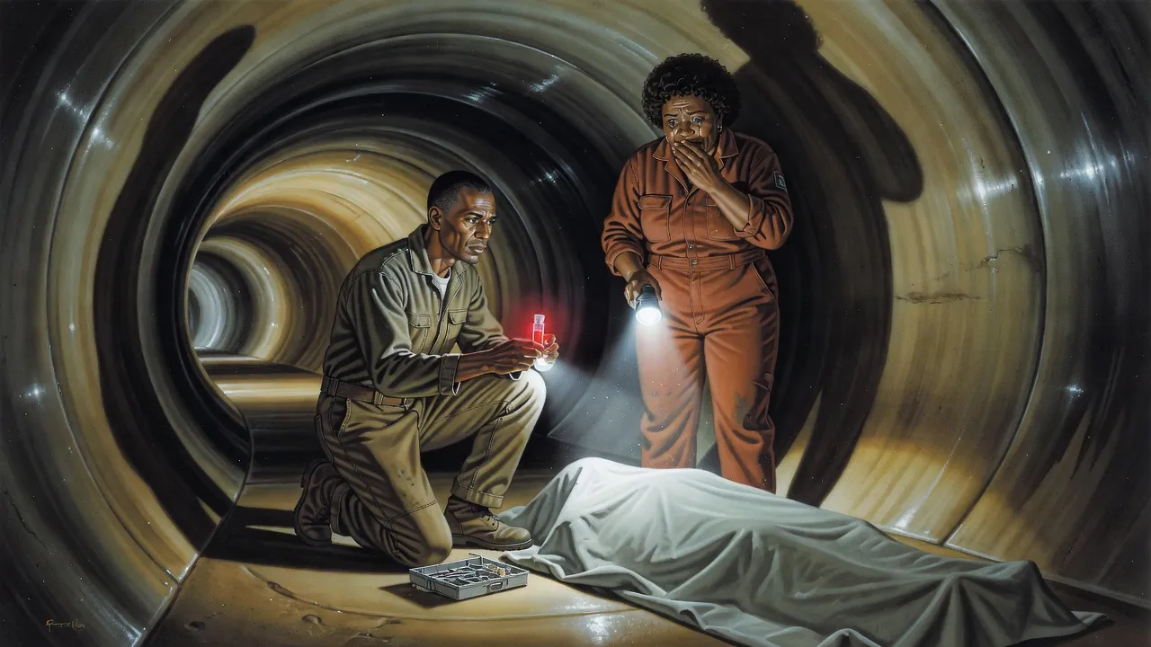 By handlight in a stone tunnel, a tall man kneels with a sample kit beside a covered shape while a heavyset woman stands behind him with her light lowered.