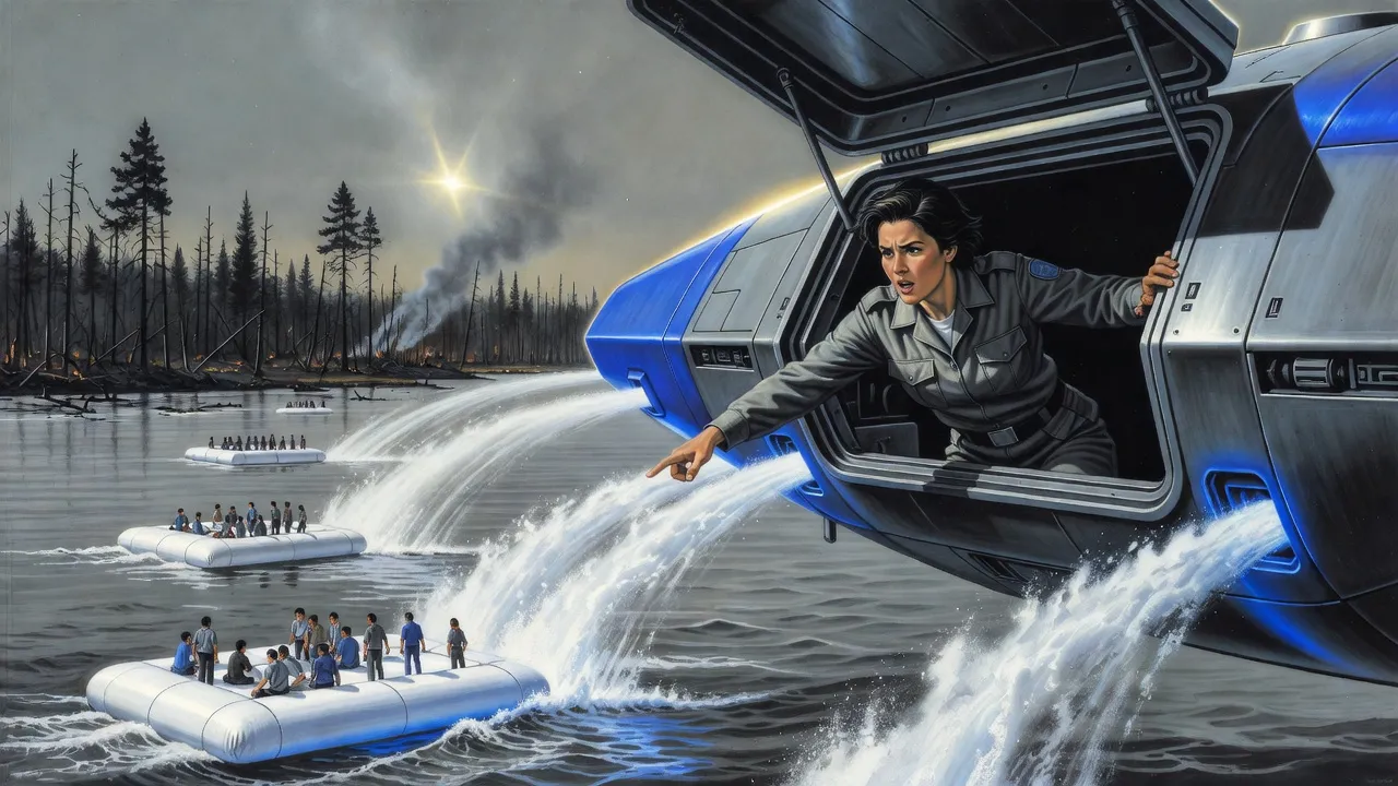 A young officer braced in the open hatch of a hovering grey warship points down as arcs of white foam harden into rafts crowded with people on grey water beside a ruined pine forest.