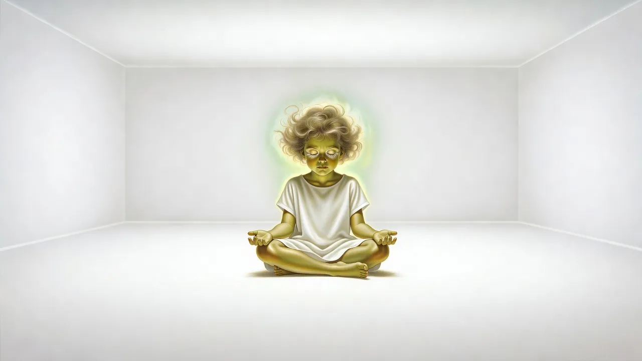 A small girl with fluffy, stirring hair sits cross-legged with her eyes closed in the middle of a perfectly white, empty room.