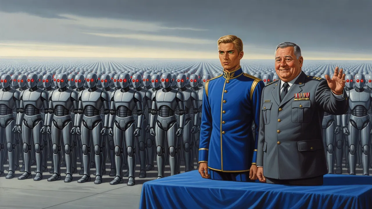 On a parade ground, rows of grey humanoid robots with red sensor eyes stand at attention before a wary young king and a beaming heavy-jawed admiral.
