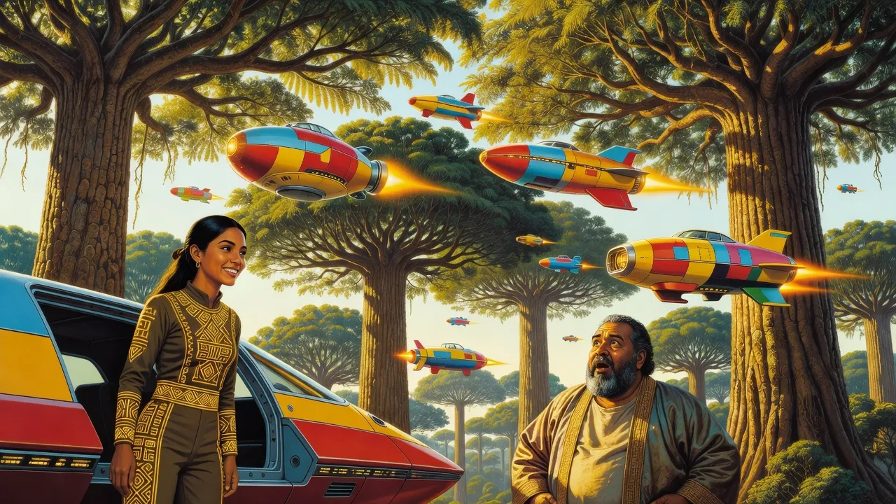 Brightly painted, mismatched spaceships descend among giant trees as a big bearded man stares up in bewilderment and a young woman looks down from an open hatch.