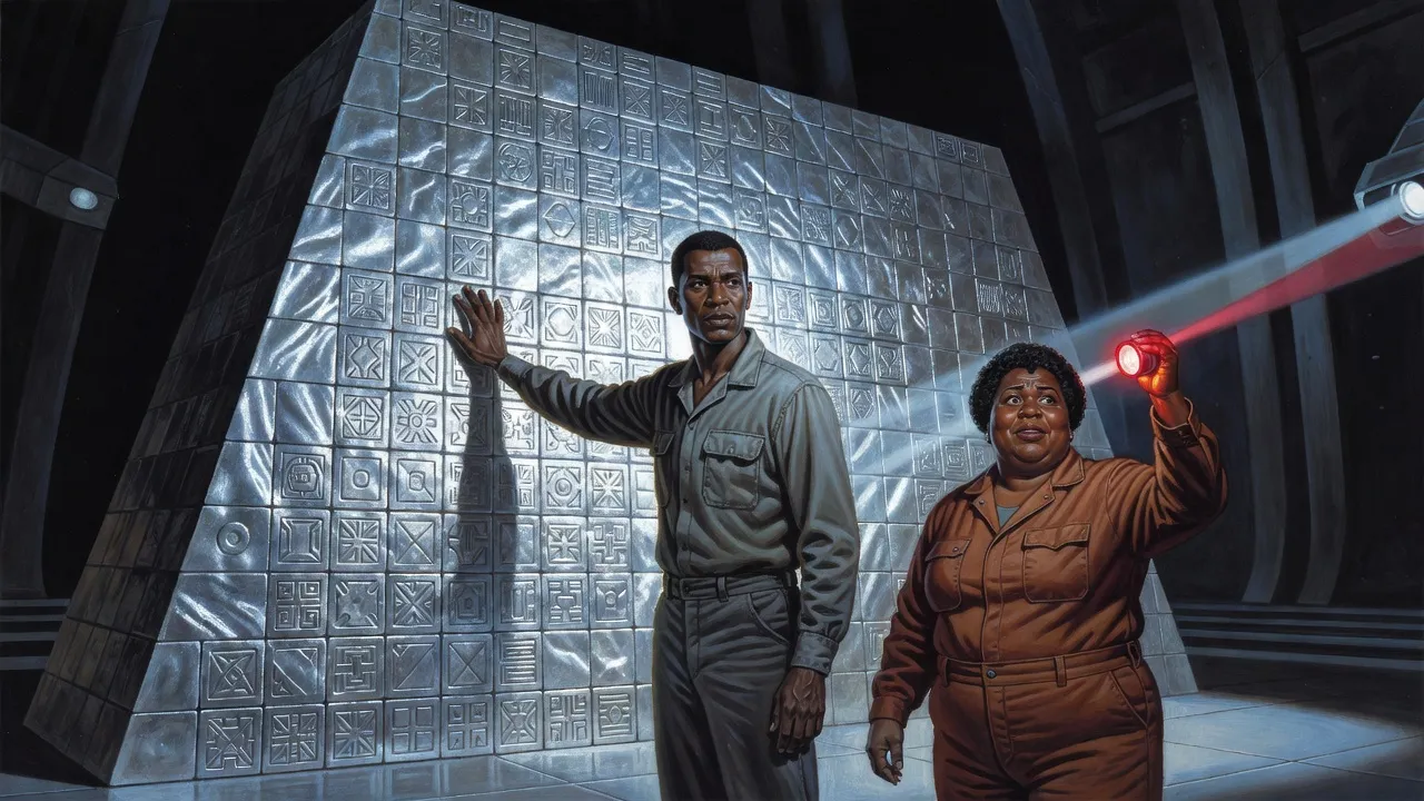 In a dark stone chamber a tall man presses his palm to one tile of a great trapezoidal wall of carved tiles that ripples with silver light, as a heavyset woman turns with her handlight raised.