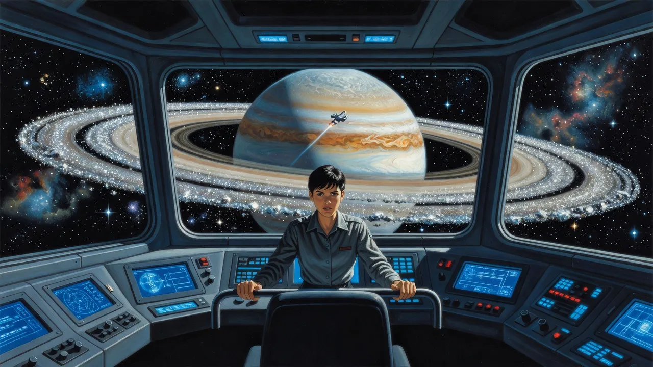 On a dim starship bridge, a young woman officer grips the rail at a great viewport as a tiny lone ship drops toward the clouds of a vast ringed planet.