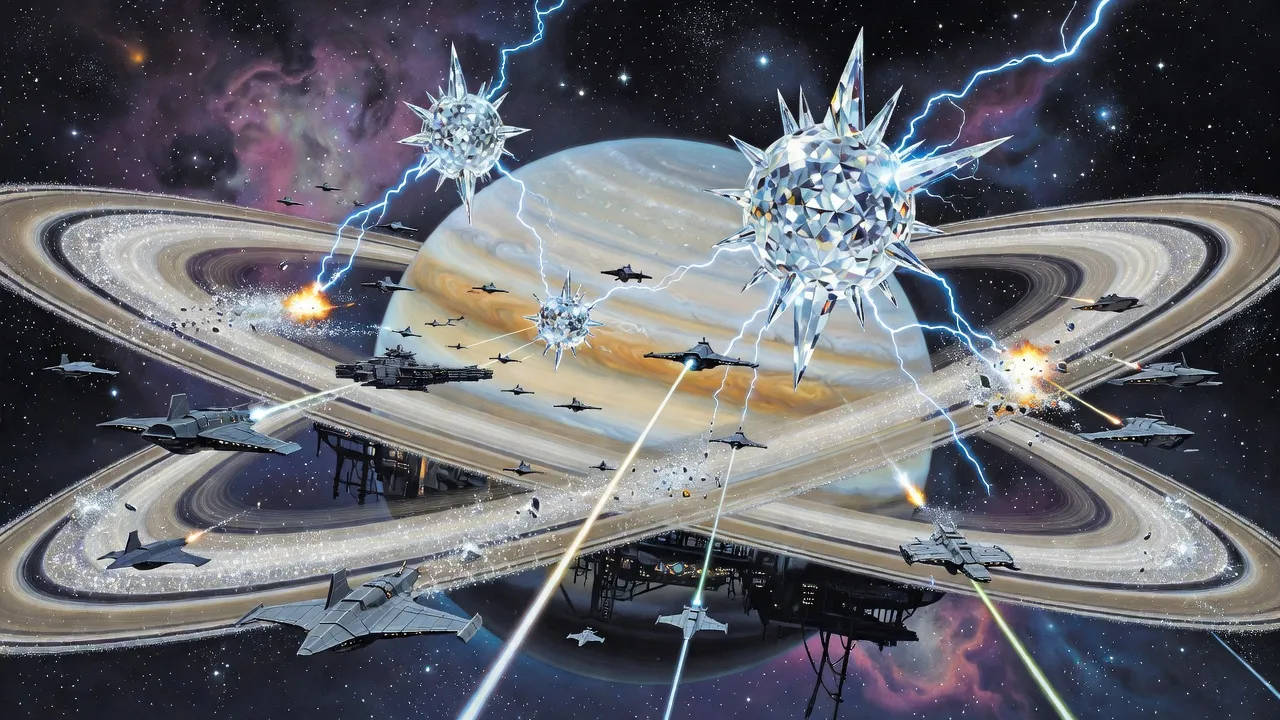 Grey Earth warships fire into the rings of a vast gas giant as crystal spheres rise through the ice hurling blue lightning and several ships break apart.