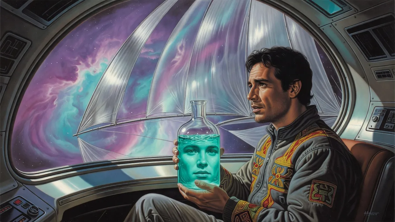 In a small cockpit full of nebula light, an unshaven man holds a glass flask of glowing blue-green water in which a calm watery face is forming.