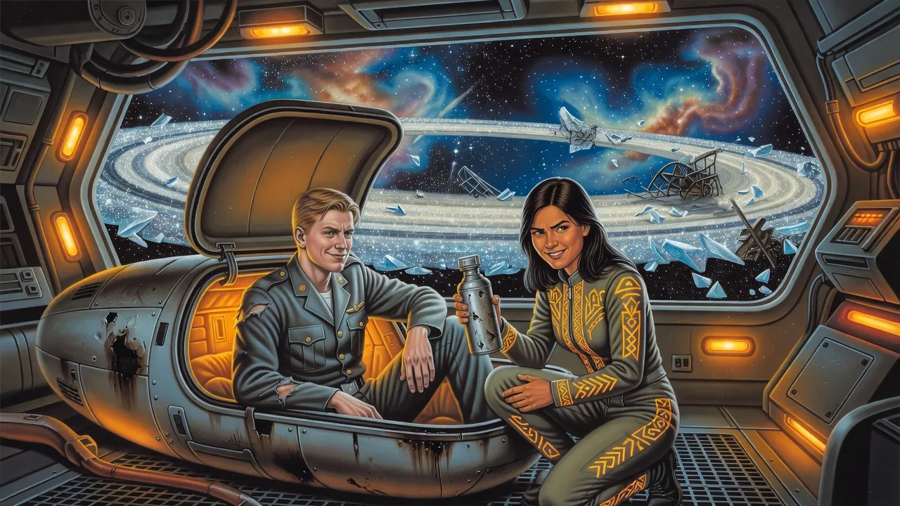 In a cluttered hangar a dark-haired young woman crouches by an open escape pod, holding out a flask to a pale, weak young officer inside.