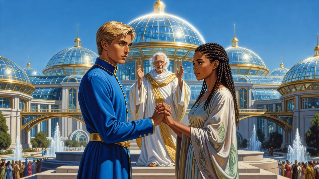 On a high dais in a palace square, a young king and a bride with many small braids join hands before a grandfatherly priest in white and gold robes.