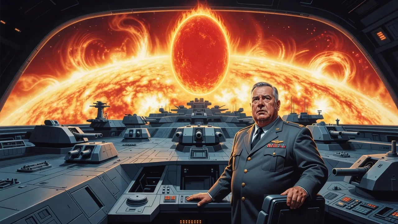 On a battleship’s bridge a heavy-jawed admiral grips a chair as a red-hot, perfectly egg-shaped object rises out of the blazing surface of a star in the viewport.