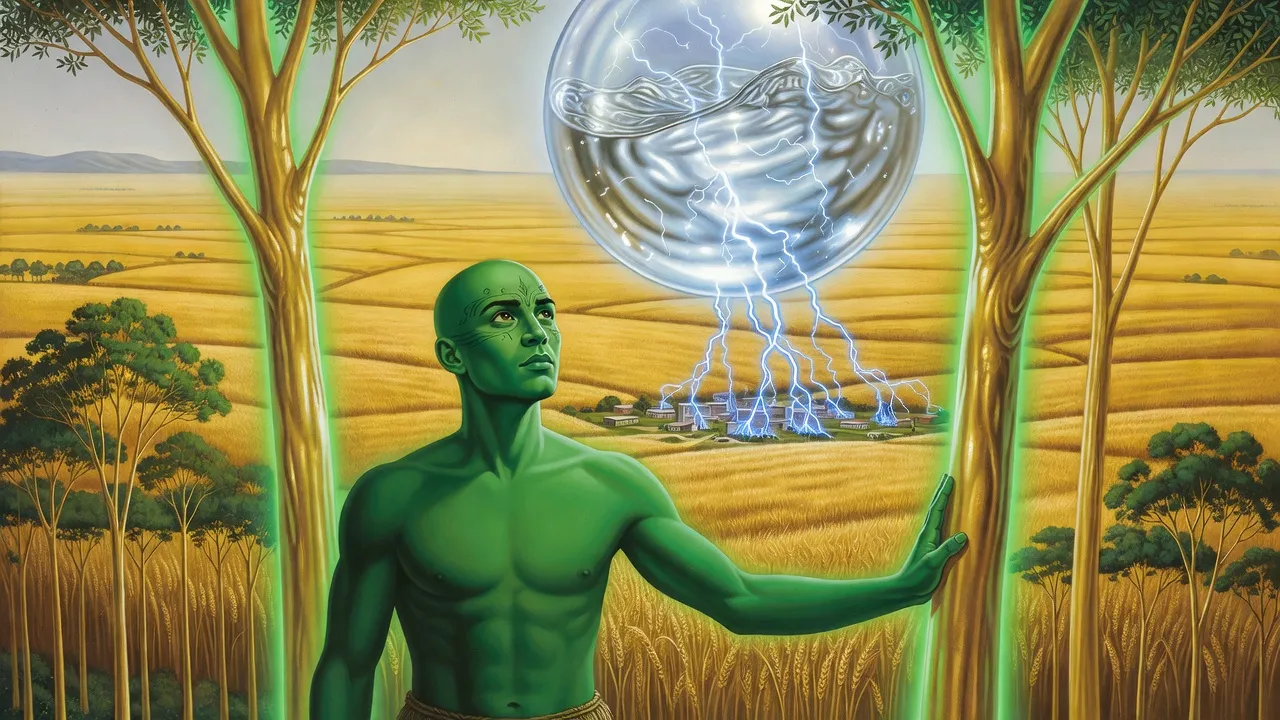 In a grove of young golden-barked trees beside farm fields, a green-skinned man presses his palm to a trunk and looks up at a vast transparent sphere descending from the sky.