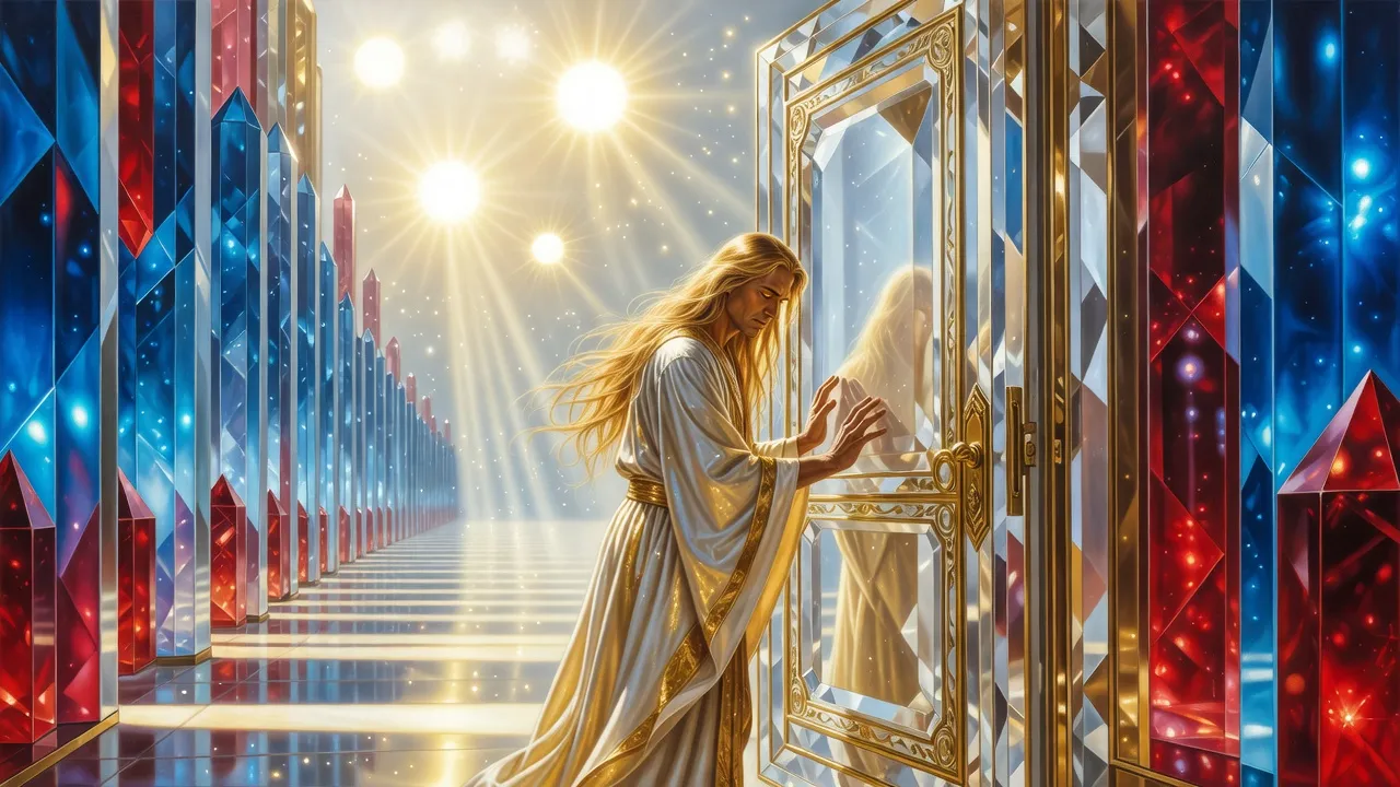 In a corridor of glowing crystal, a tall golden-haired man stands with both palms pressed flat against a massive closed door, his head bowed.