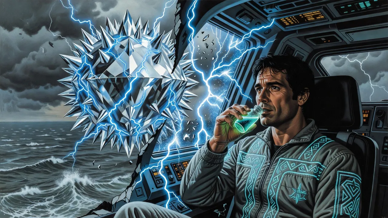 Over a grey storm-tossed ocean a small ship breaks apart under blue lightning from a crystal sphere as the man inside lifts a small vial of glowing blue-green water to his lips.