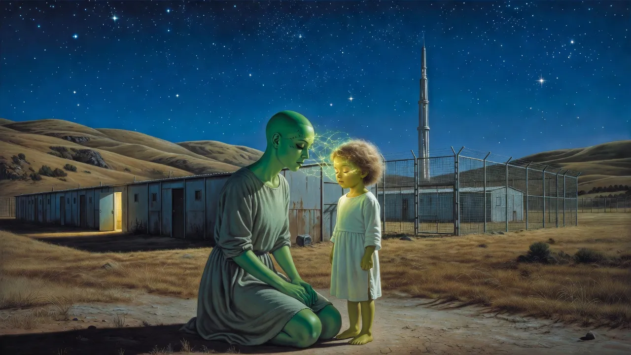Outside a long plain barracks in the dark, a green-skinned woman kneels at eye level with a small girl, both with their eyes closed and a faint web of light between them.