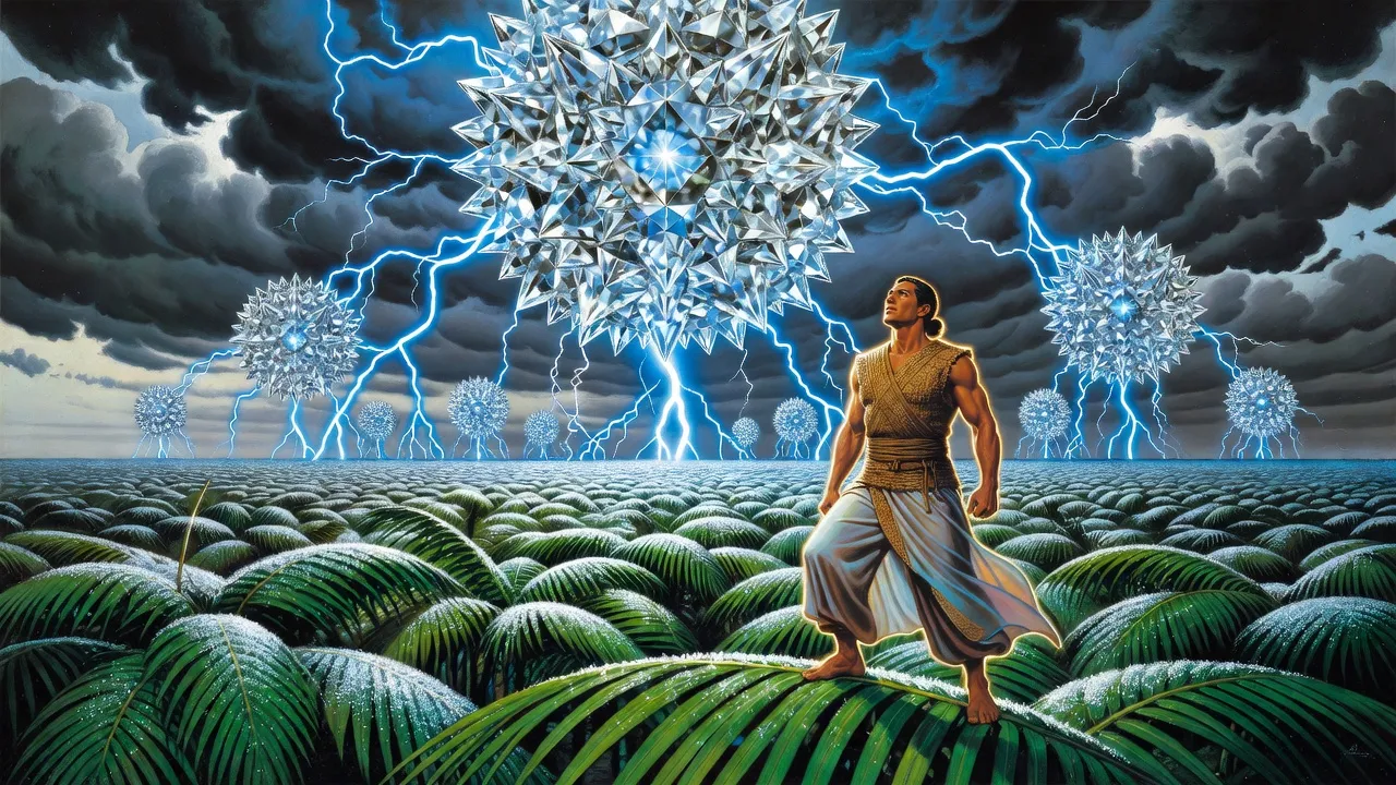 A broad-shouldered man in woven clothes stands defiant on top of a vast forest canopy as crystal spheres crackling with blue lightning descend and the treetops whiten with frost.