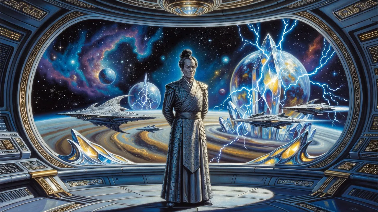 An old grey-skinned admiral with a topknot stands at the centre of a warship’s command chamber, facing a viewport where ornate warships charge toward crystal spheres rising from a gas giant.