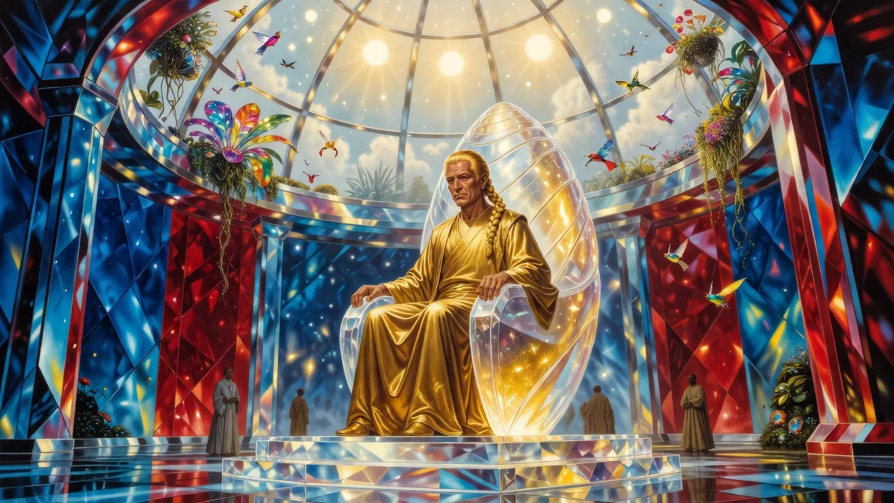 In a vast crystal hall full of coloured daylight, a tall golden-haired man with his hair bound back settles alone into an immense cocoon-shaped throne, his face grave.