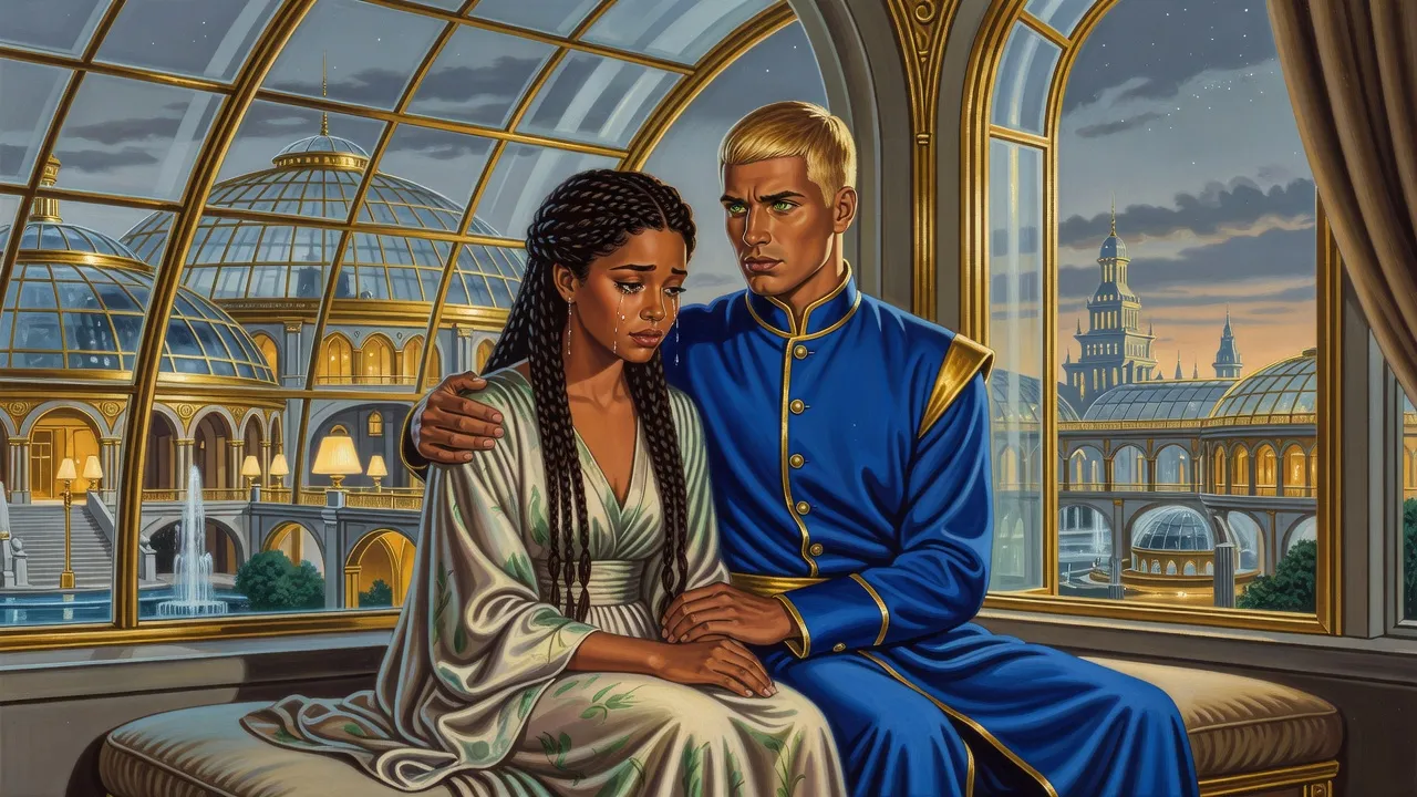 In a quiet palace room at evening a young king sits beside his weeping queen, one arm around her shoulders.