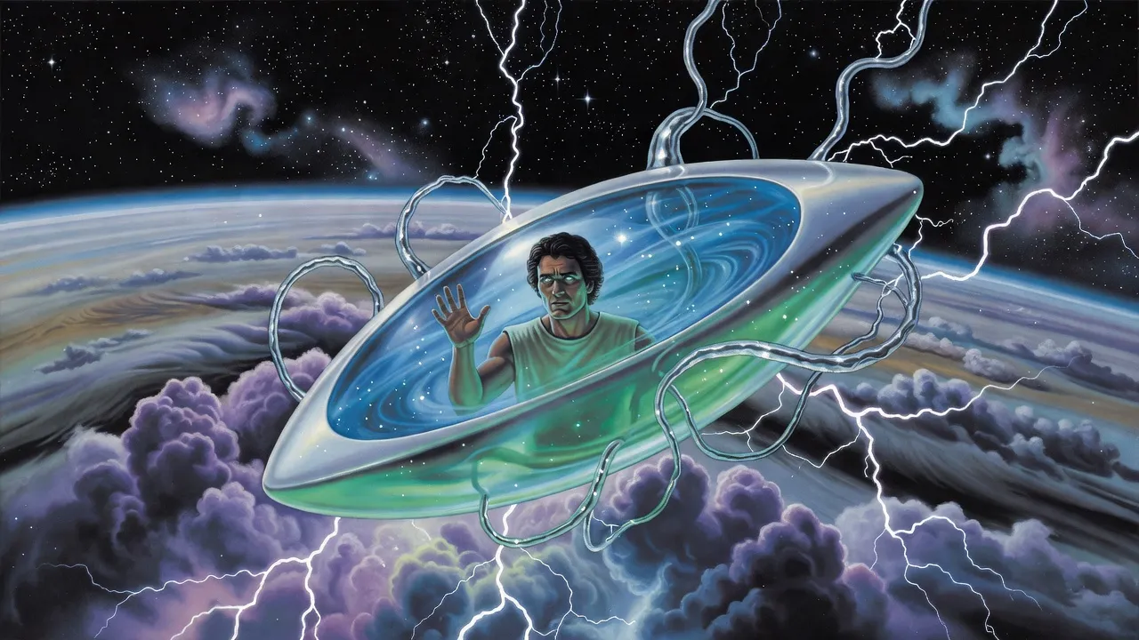 A smooth, glowing ship of blue-green water and pearl plunges into the storm clouds of a gas giant while silvery lightning reaches up toward it.