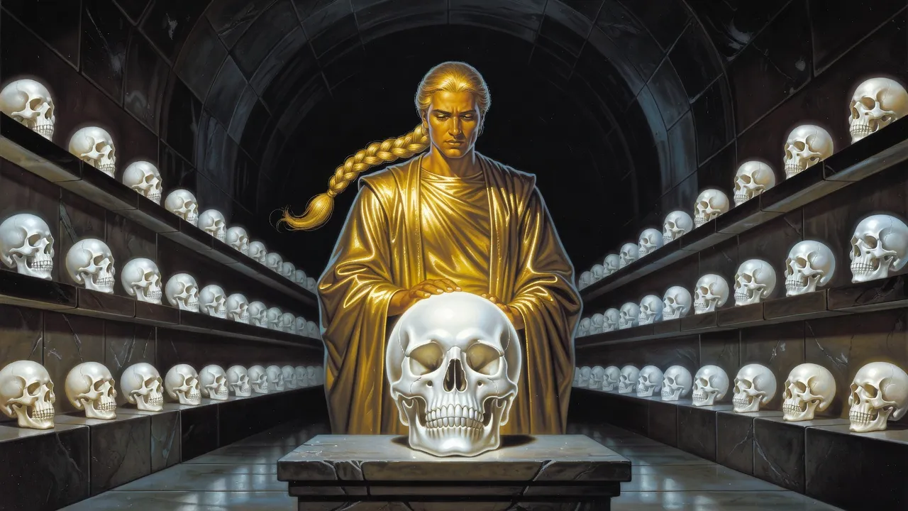 A tall, grave man in heavy gold robes stands alone in a dark crypt, looking down at a huge skull that glows pearly white.