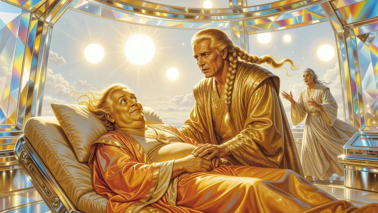 A tall man in gold robes leans over a plump man propped on an infirmary couch, who grips his hand hard, while a medical attendant hovers behind.
