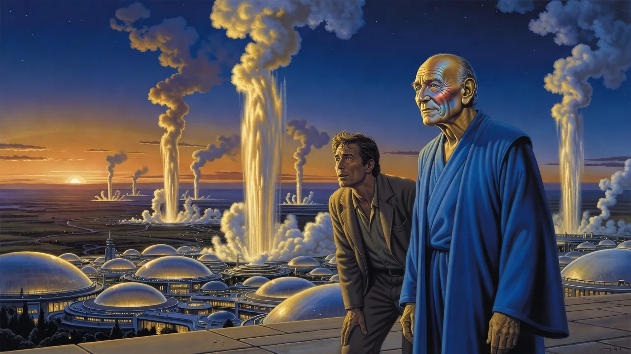 A young human scholar and an elderly alien storyteller with colour-shifting cheeks watch tall geysers erupt from a dark plain at dusk.