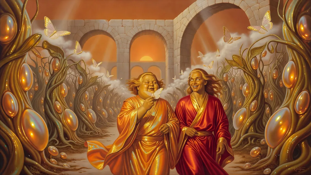 Under a dim orange sun, a plump nobleman in orange and gold walks entranced between rows of alien vines, a pale moth at his lips, while a young nobleman beams beside him.