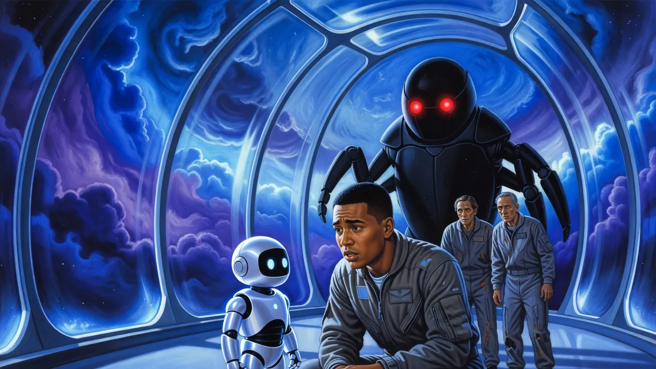 A small silver robot faces a weary young officer in a cold blue alien chamber while other prisoners watch and a huge black beetle-like robot looms in the doorway.