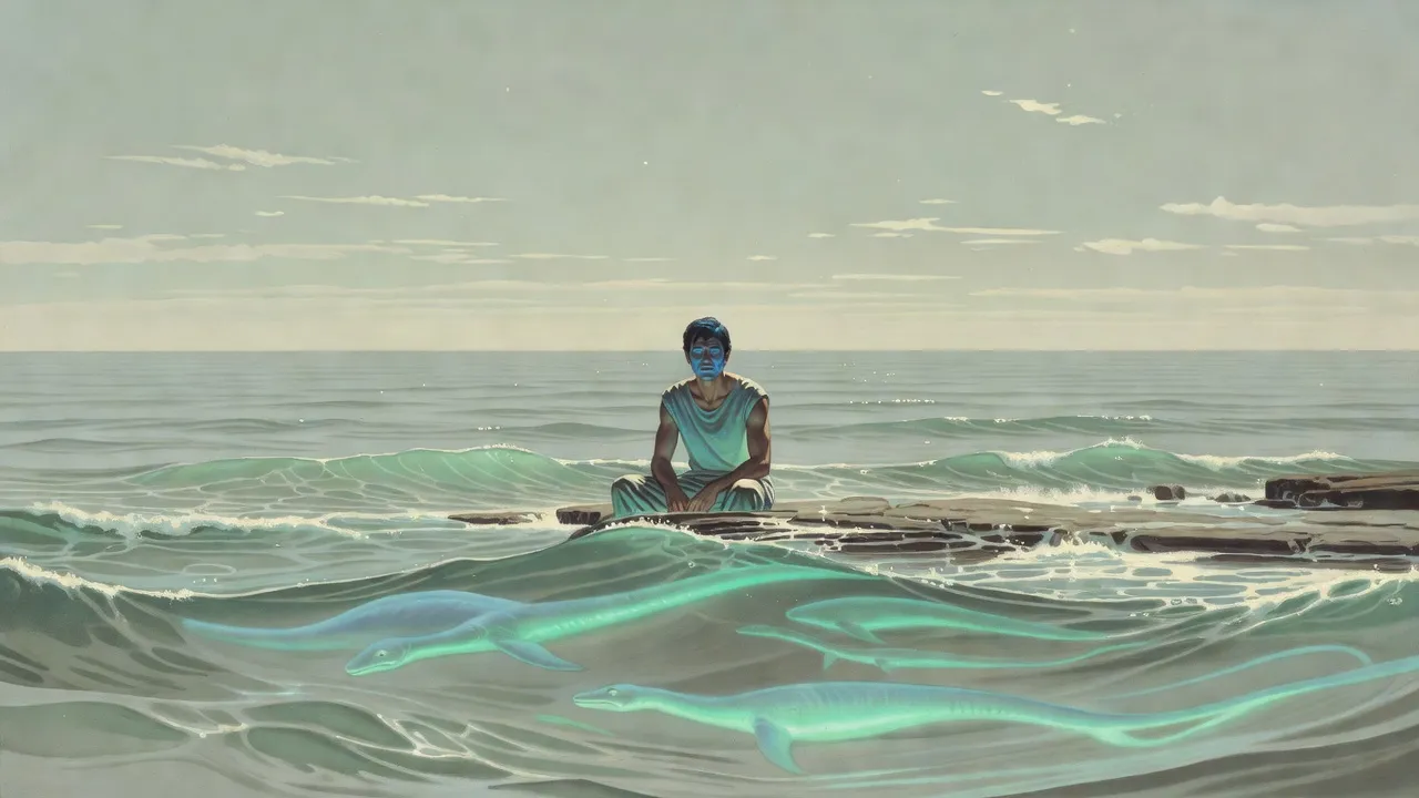 A lean man whose skin glows faintly blue-green sits alone on a rock shelf above an empty grey-green sea, huge long-necked shapes gliding beneath the water.