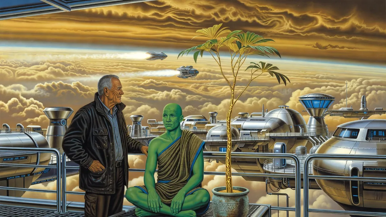 On a gleaming floating industrial platform above a banded gas giant, a grey-haired manager watches a fuel pod launch while a green-skinned priest sits beside a potted sapling.