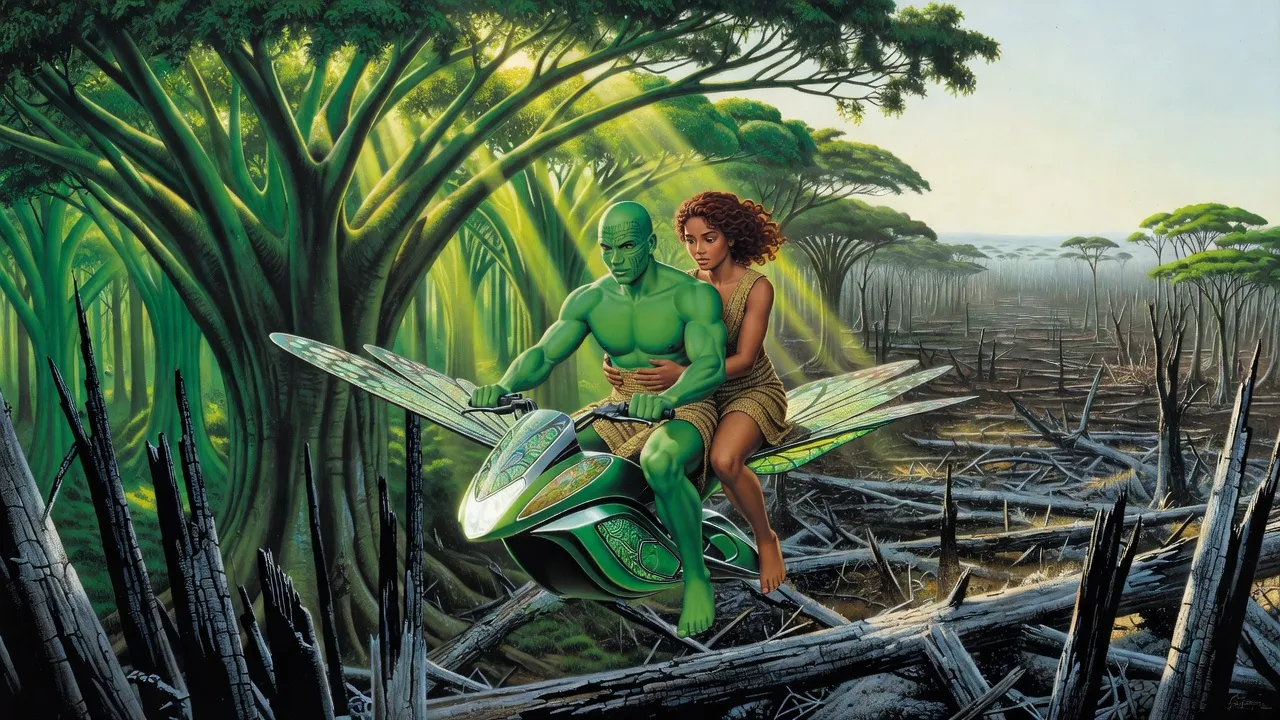 Two young people on a winged flying bike soar over a vast scar of burned giant trees that runs to the horizon.