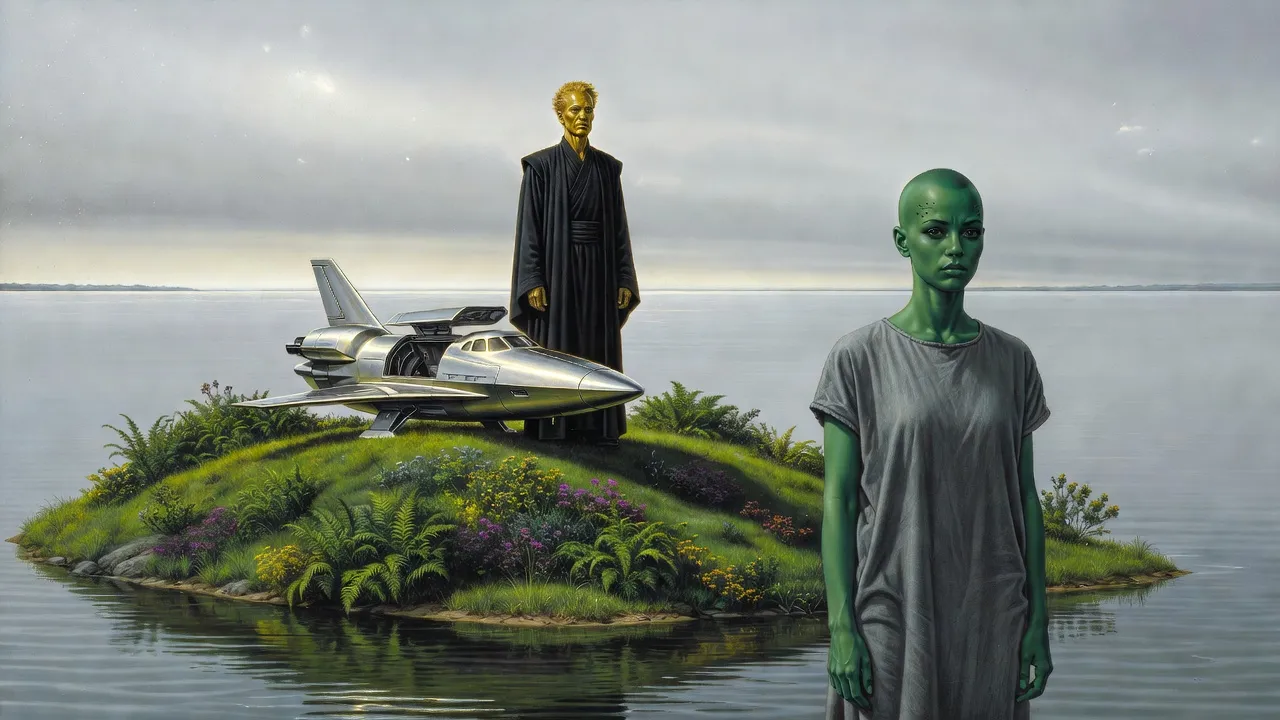 On a small grassy island in a vast lake under an overcast sky, a cold nobleman stands by a small shuttle while a green-skinned woman stands several paces away, looking out over the water.