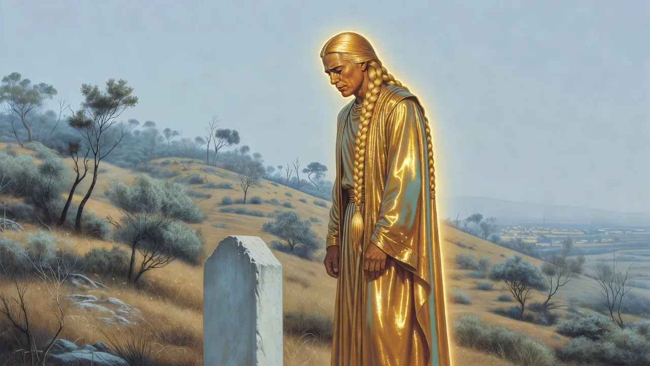 A tall man in gold robes stands alone with bowed head before a simple stone marker on a dry hillside among scorched, scrubby trees.