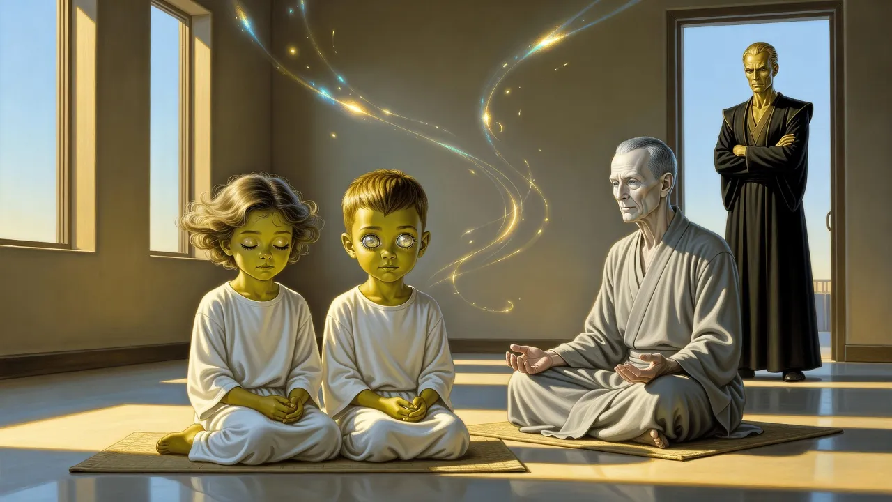 Two solemn alien children sit on mats with eyes closed in concentration before a thin, pale robed teacher, while a stern nobleman watches from the doorway.