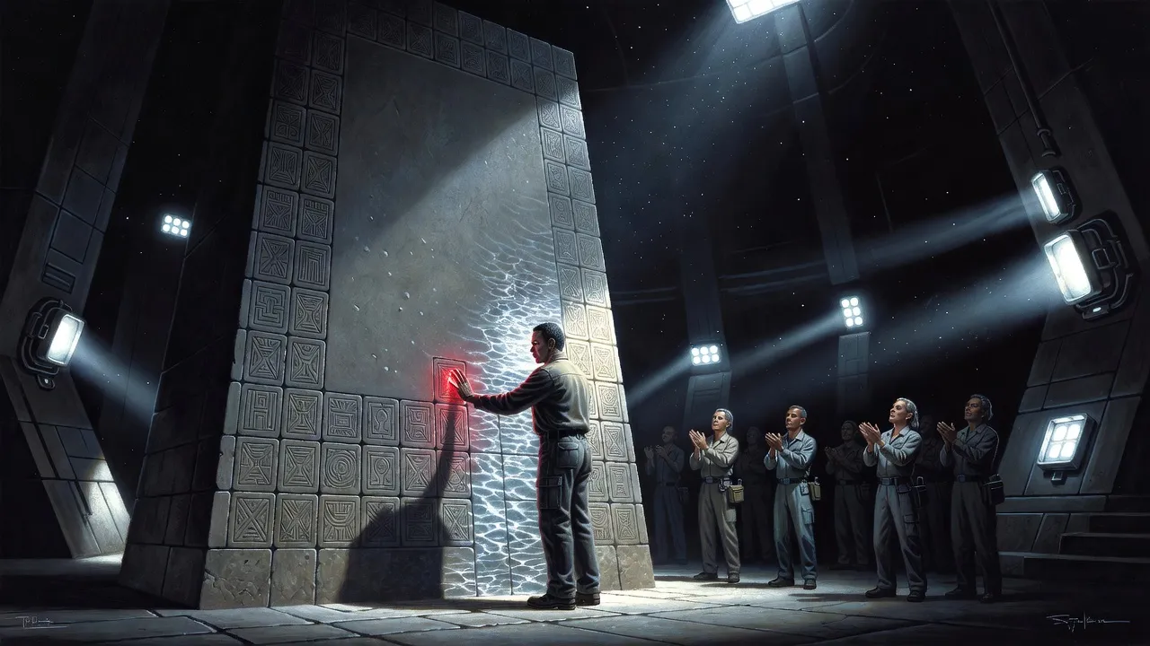 In a shadowy alien ruin, a tall man presses one hand to a single glowing tile on a great trapezoidal stone wall while technicians applaud behind him.