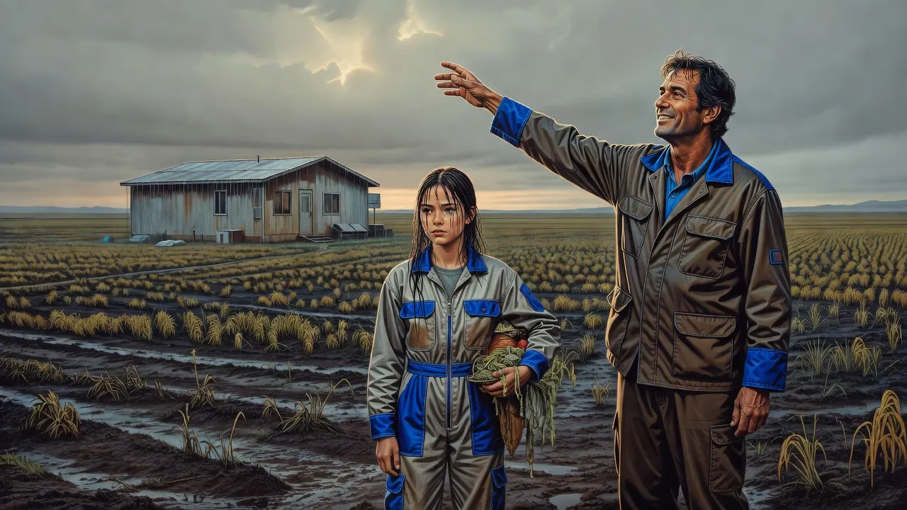 Under a low grey sky, a thin girl with a basket stands at the edge of a field of stunted crops while her cheerful father gestures hopefully at the sky.