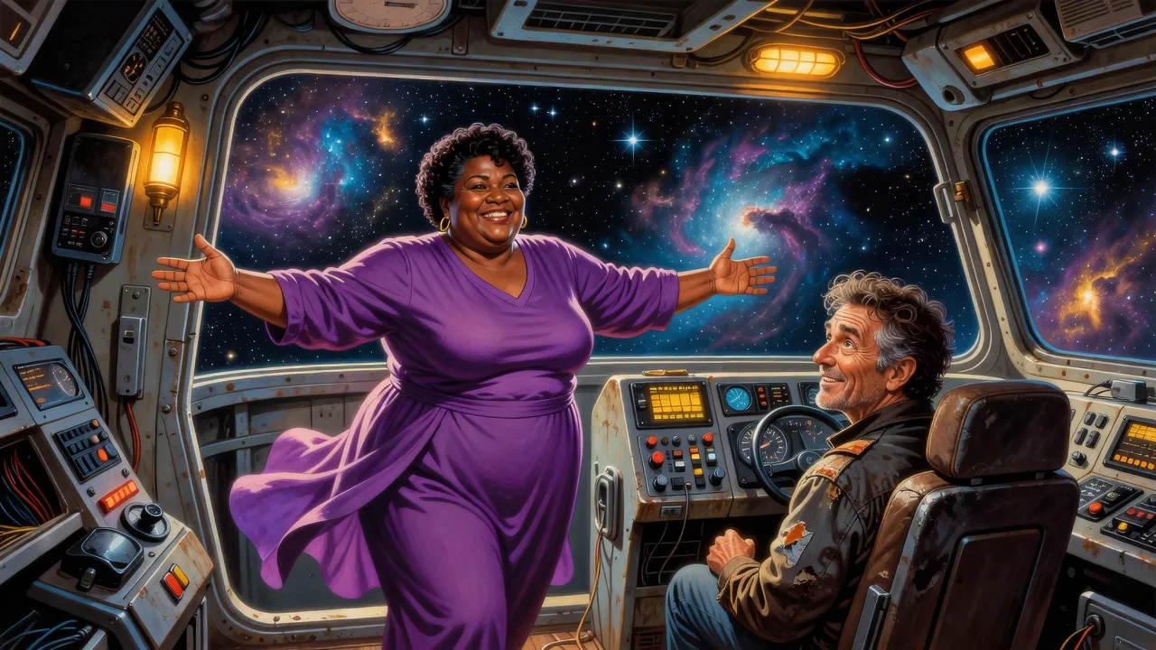 A big, laughing woman in a flowing purple outfit spreads her arms in greeting to a wiry, smiling pilot in a cluttered ship’s cockpit.