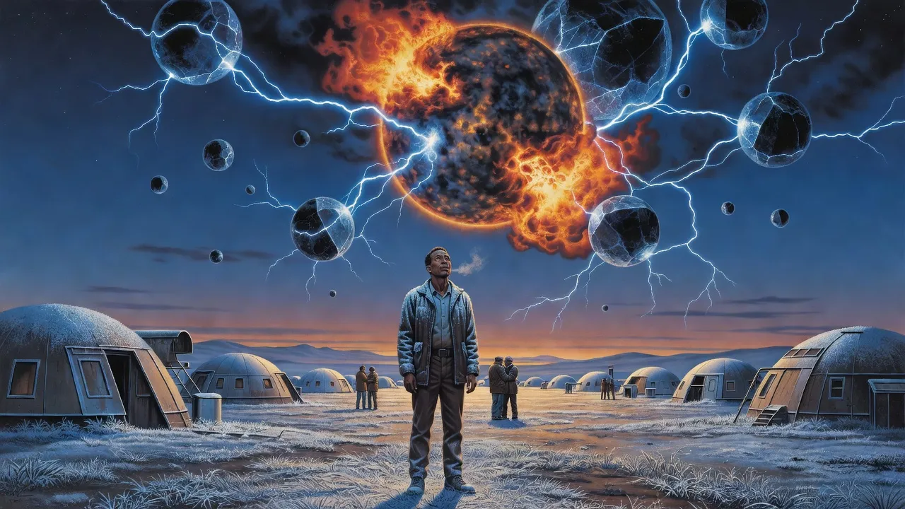 A tall man in a heavy coat stands on a frosting colony plain, looking up at a dimming sun where fireballs and crystal spheres clash.