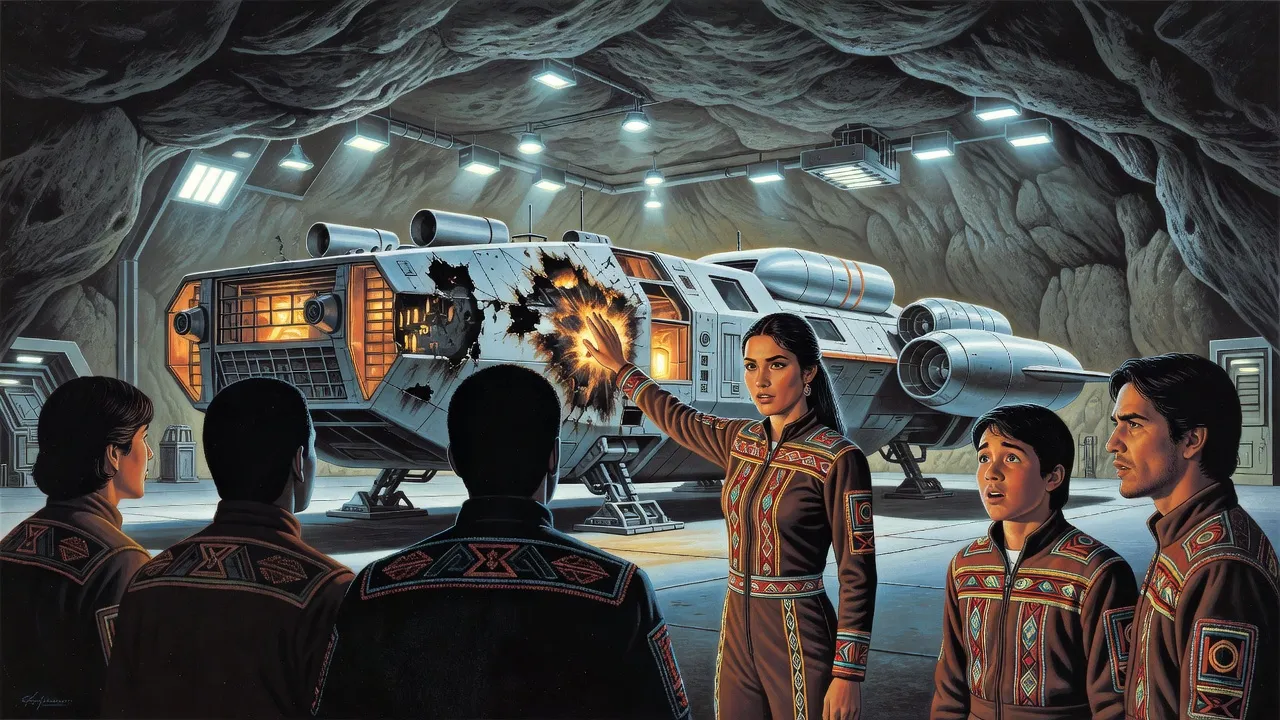 A slender woman in an embroidered jumpsuit gestures at a scorched, gutted hull section in a hangar while clan leaders and a nervous young scout look on.