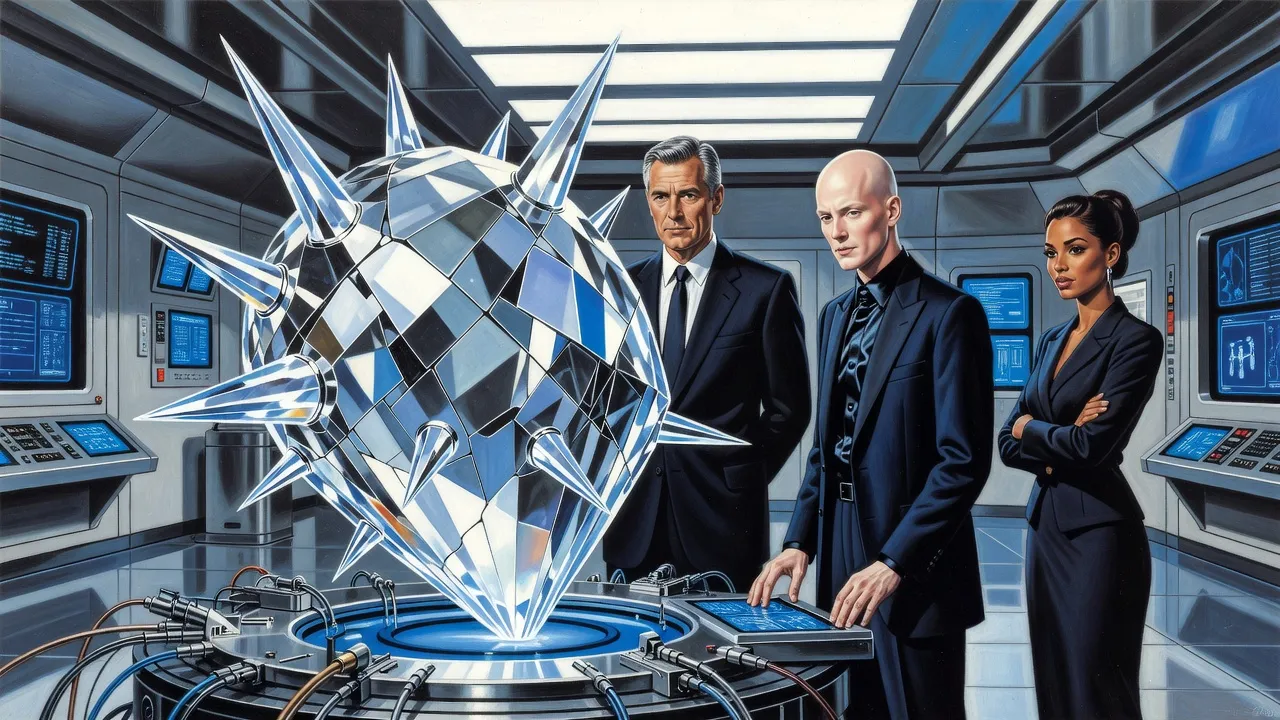 In a cold laboratory, a grey-haired man in a suit, a pale hairless deputy and an elegant dark-haired woman study a huge broken crystal hull fragment with spikes like claws.