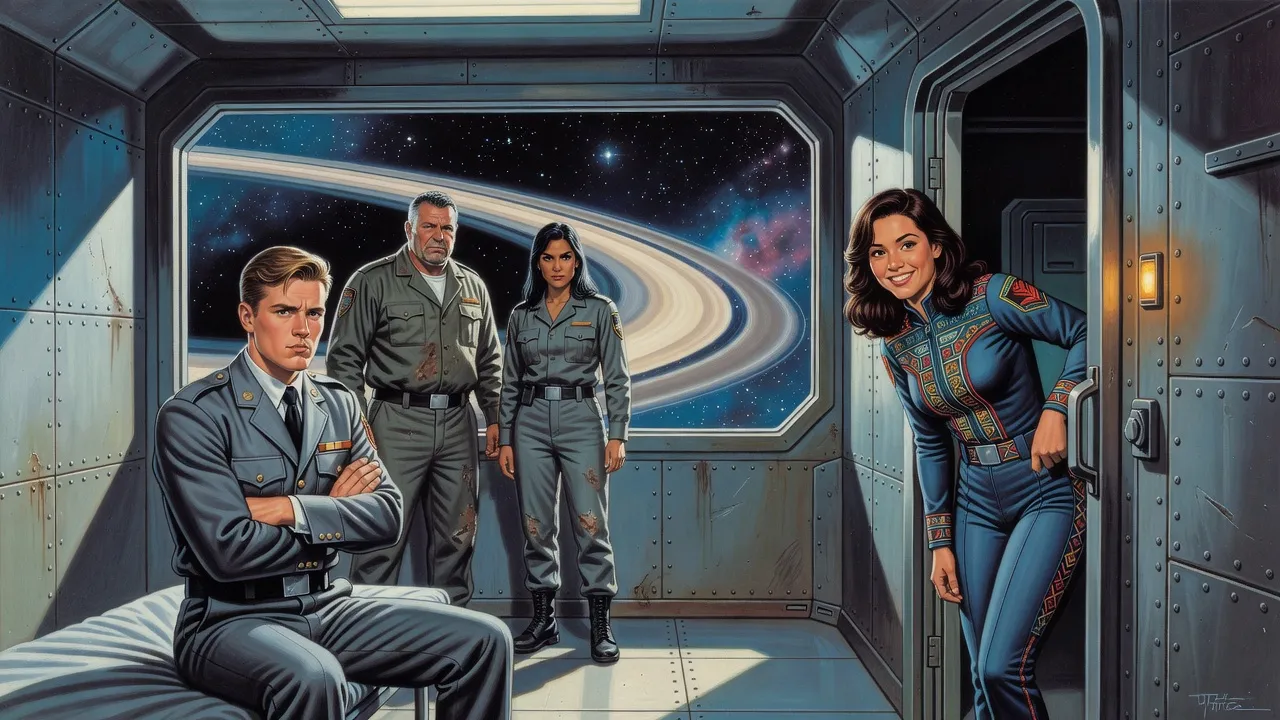 A sullen fair-haired young officer sits with folded arms in a bare metal cell while a dark-haired young woman grins from the hatchway and two fellow prisoners glare.