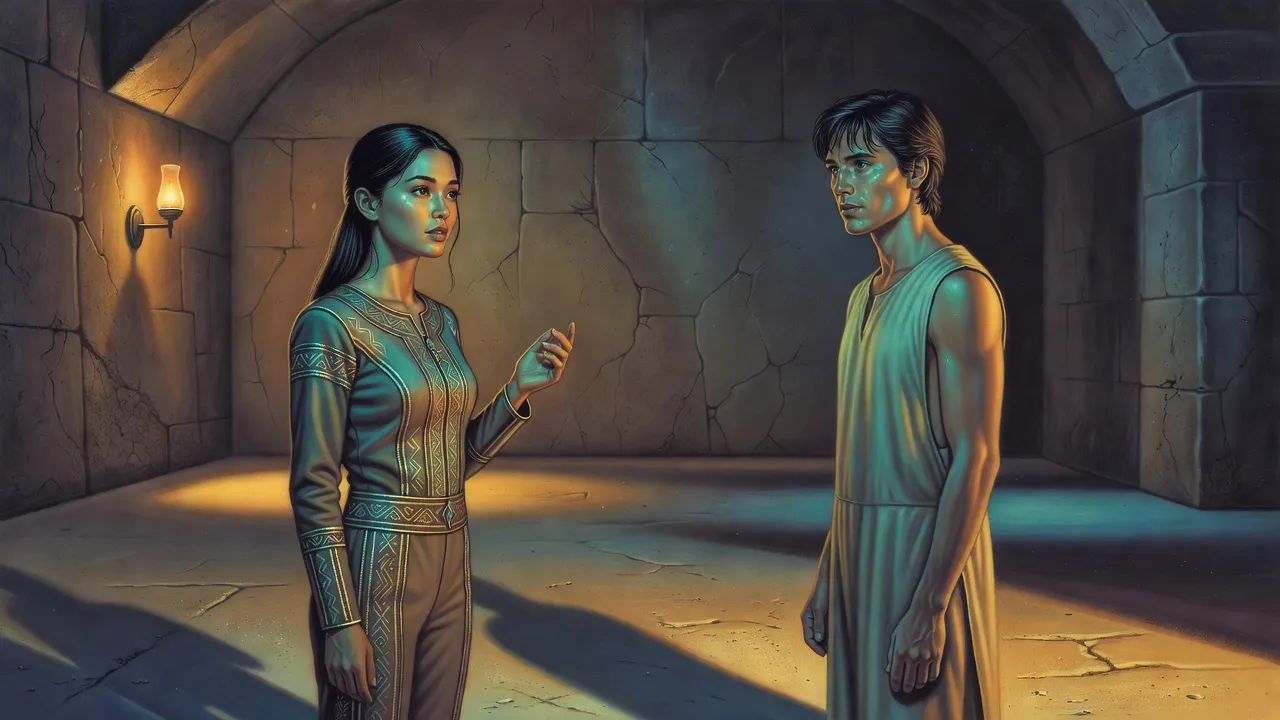 In a lamplit stone chamber a dark-haired woman in an embroidered jumpsuit half raises a hand toward a man in a pale sleeveless garment whose skin shimmers faintly blue-green, clear floor between them.