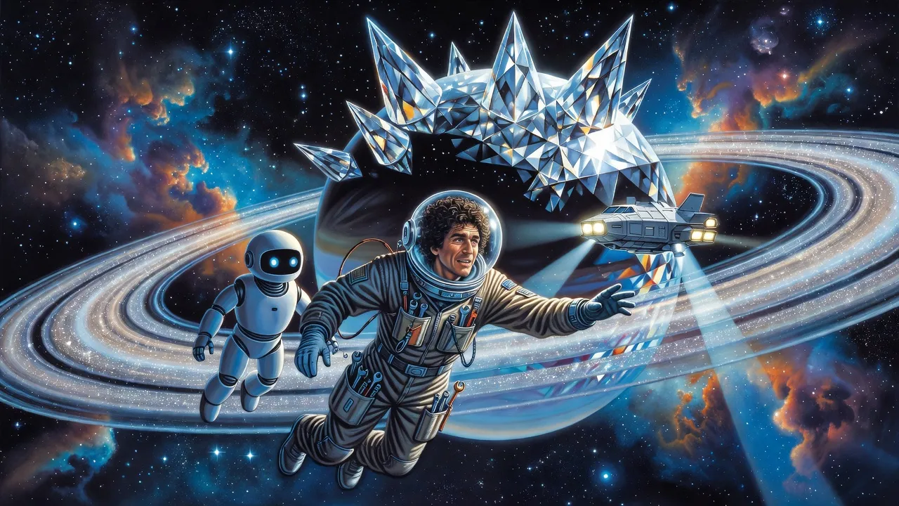 In the glittering rings of a gas giant, a man in a pressure suit floats toward a small, dark diamond-hulled sphere bristling with crystal spikes, a little robot beside him.