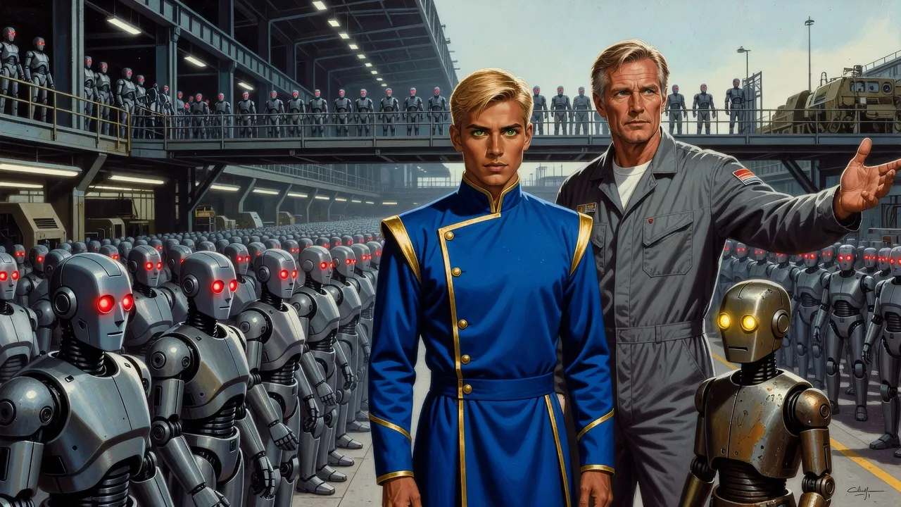 On a factory gantry a young king, a tall blond engineer and a small bronze robot look down on ranks of grey combat robots with red eyes.