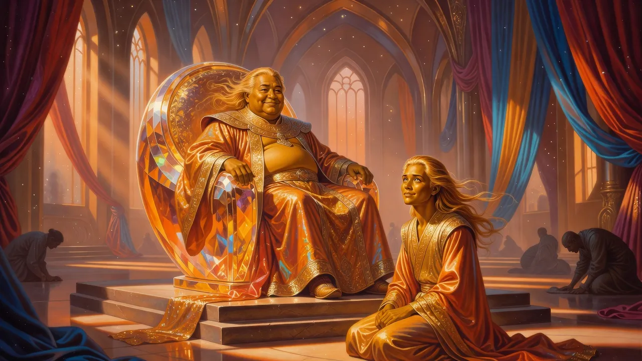 In a hazy orange-lit palace hall, a plump nobleman in emperor’s gold reclines on an ornate cocoon-shaped throne while a young nobleman kneels before him, beaming.