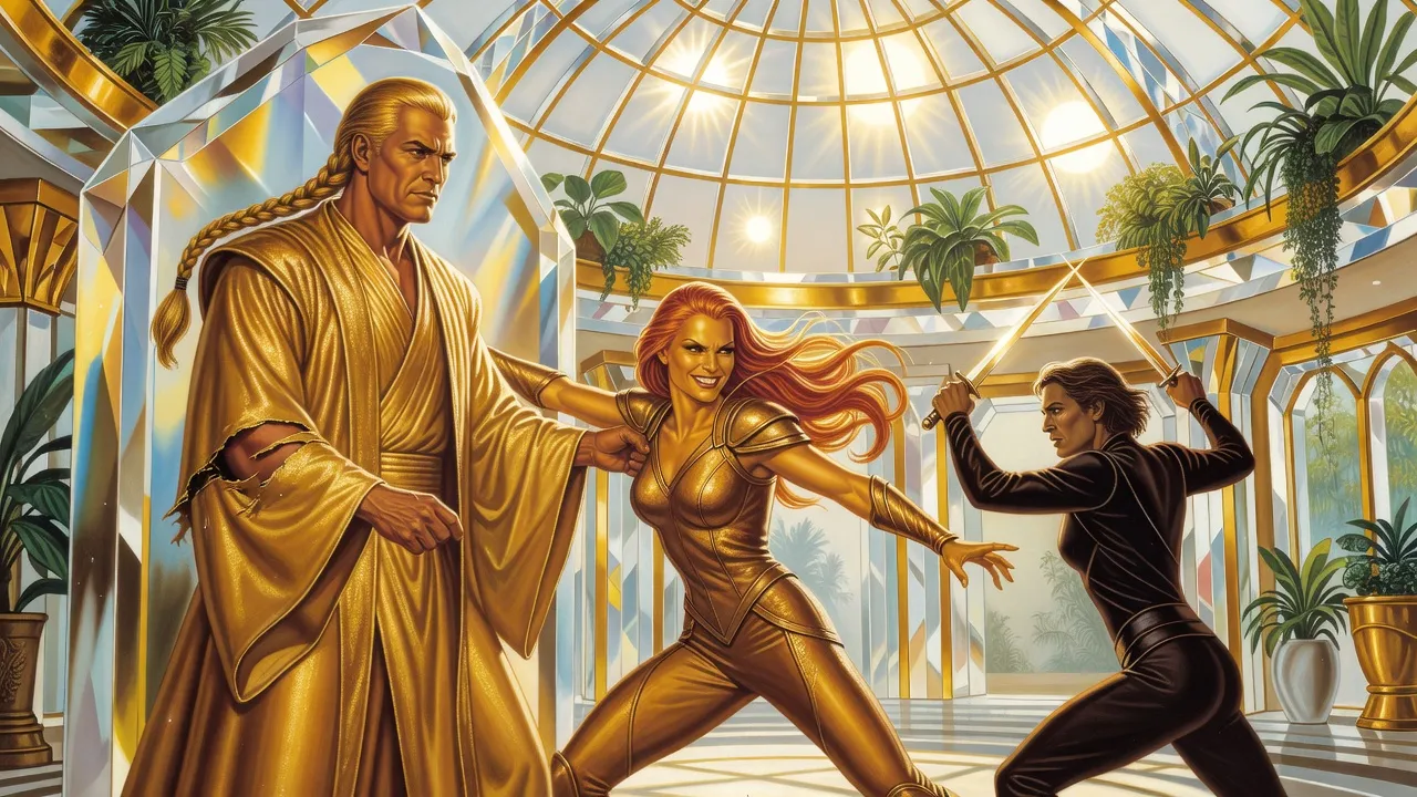 In a sunlit crystal hall, a fierce young warrior woman shoves a robed ruler behind a pillar as a dark-clad assassin lunges with two raised knives.