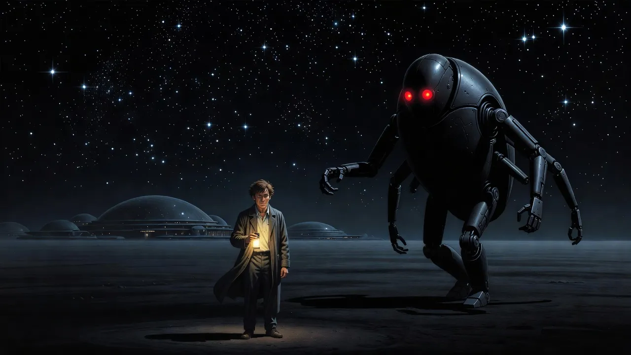 On a vast dark plain under a starry sky, a man with a hand lamp watches a huge black beetle-shaped robot with red eyes stalk away into the night.