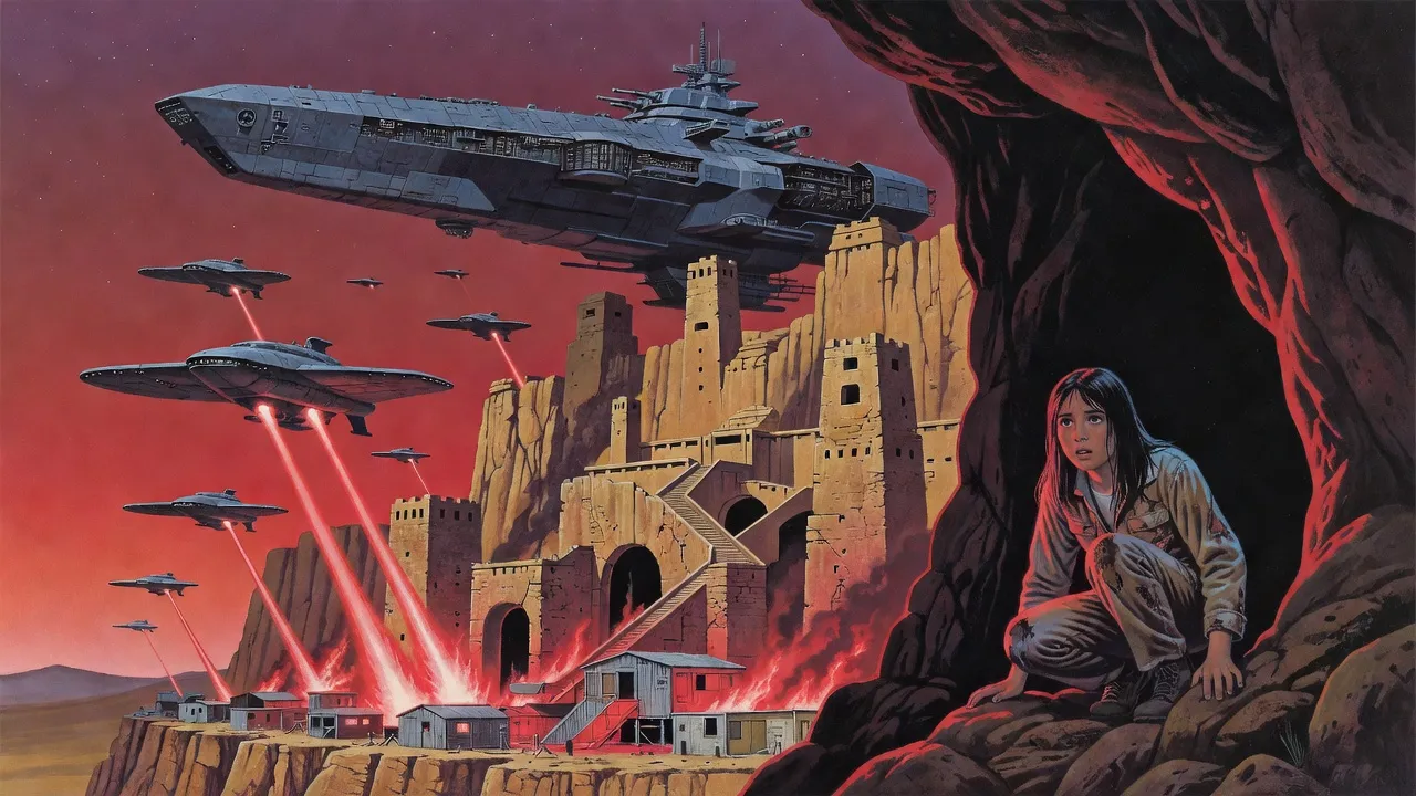 Grey warships rake a human settlement at the foot of an ancient alien cliff city with fire while a teenage girl watches in horror from a cave high in the cliff.