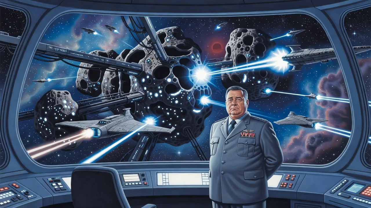 On a warship’s bridge, a heavy-jawed admiral watches through the viewport as grey cruisers fire dazzling beams into a cluster of linked asteroids while small ships flee.