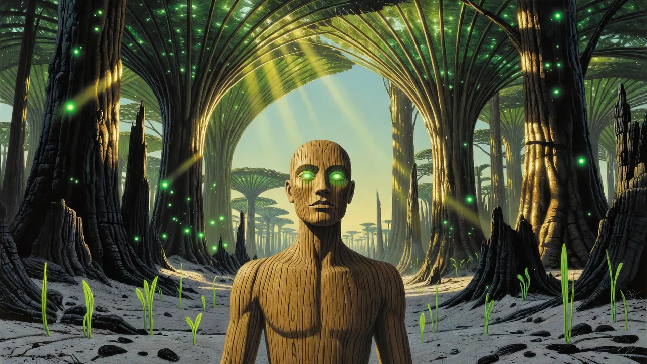 In a clearing of burned giant trees, a tall figure of living golden-brown wood with the face of a young man opens glowing green eyes.