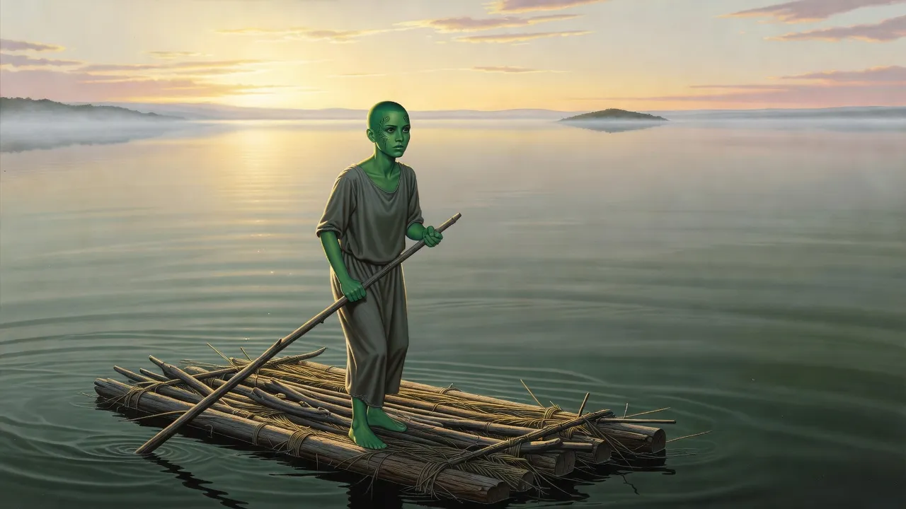 A lone green-skinned woman stands upright on a crude raft, poling across a wide empty lake at dawn, a small dark island behind her.
