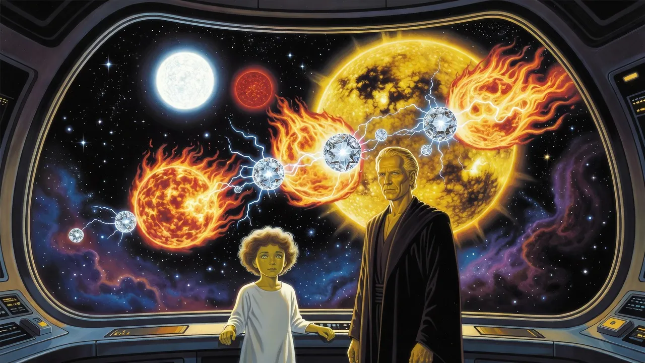Through the wide viewport of an alien starship, a solemn little girl and a lean nobleman watch a great yellow sun dimming as living fireballs and diamond spheres clash across its face.